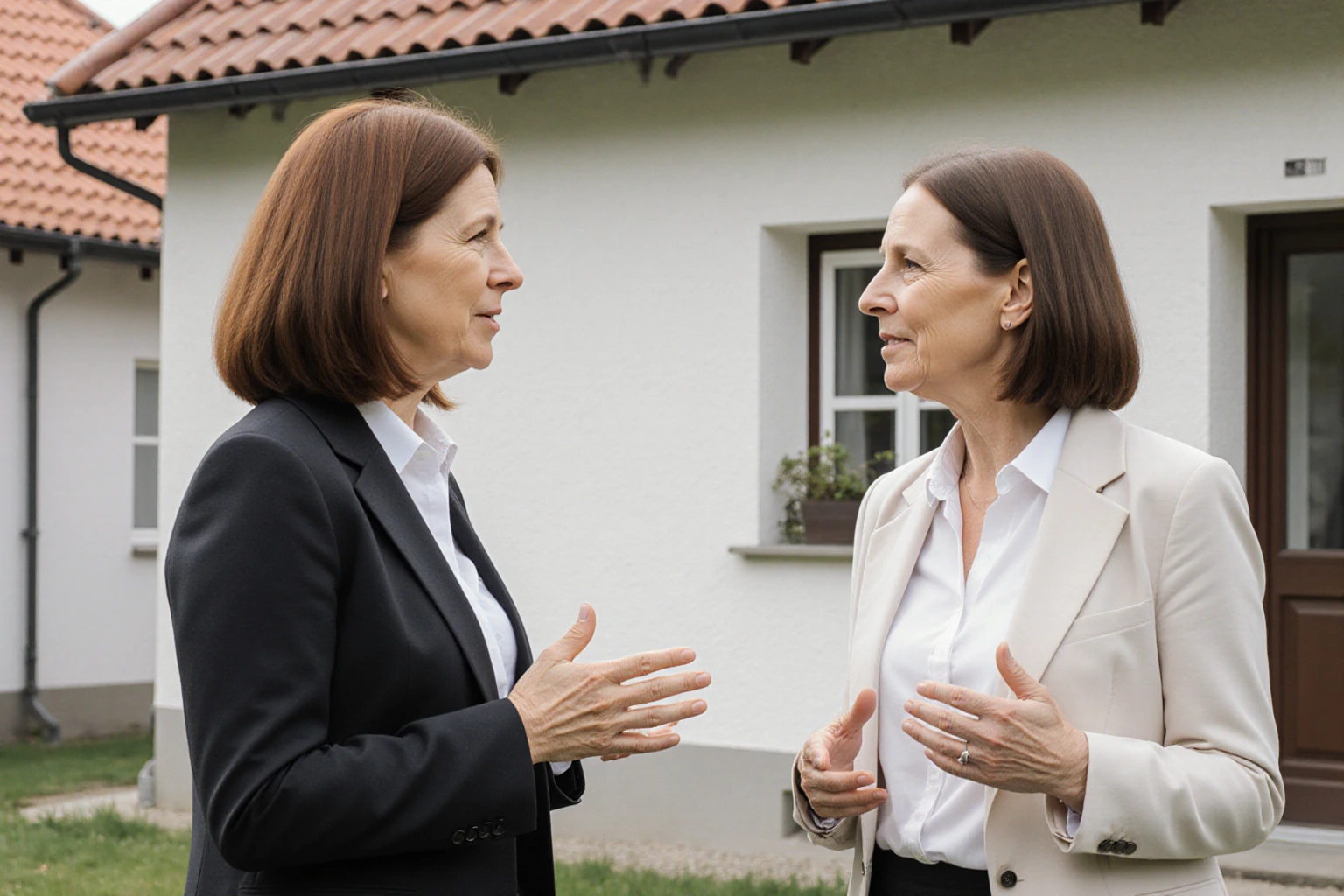 Berufserfahrene Frau im Eigentümergespräch vor einem Wohnhaus